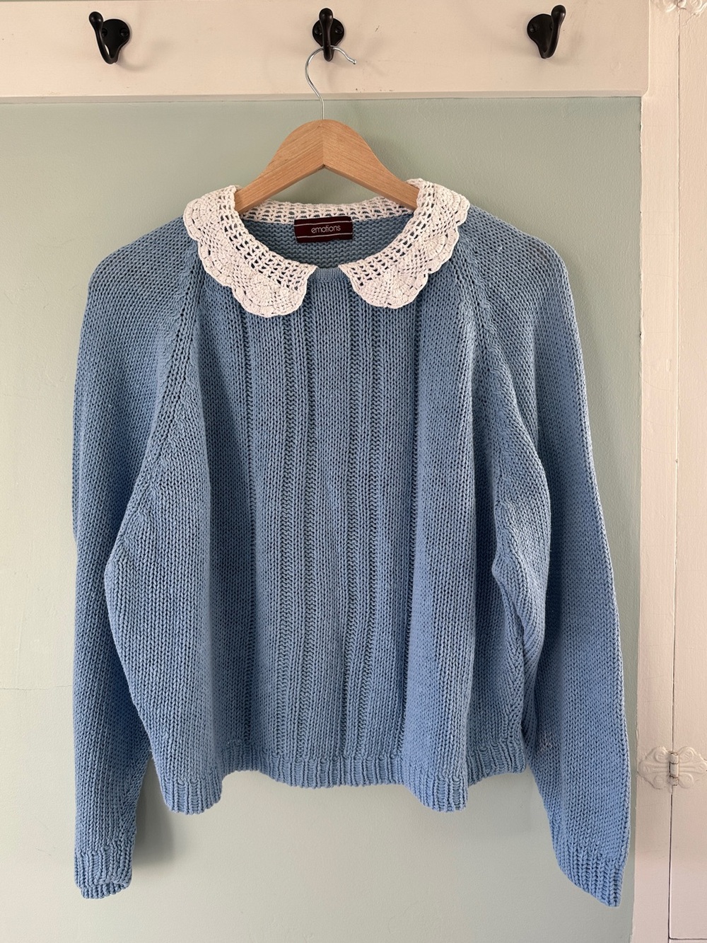 Y2K Light Blue Knit Sweater with White Crochet Peter Pan Collar